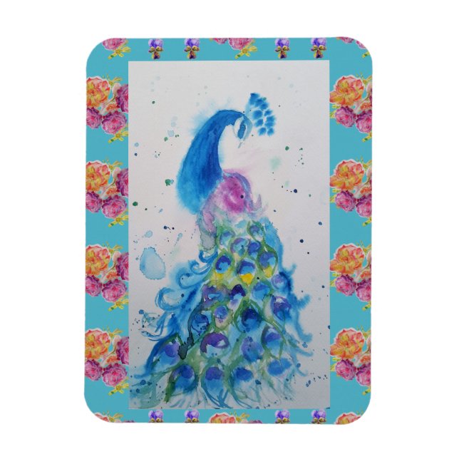 Peacock Blue Bird Watercolor Aqua fridge Magnet (Vertical)