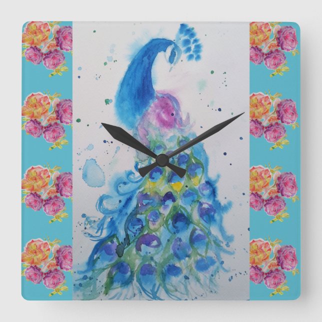 Peacock Blue Bird Watercolor Aqua Rose Clock (Front)