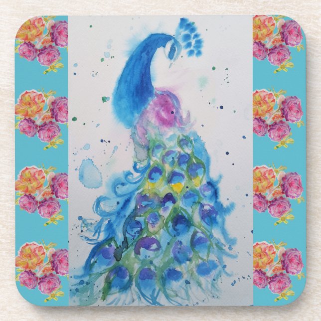 Peacock Blue Bird Watercolor Aqua Rose Coaster (Front)