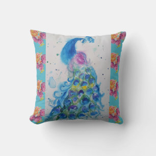 Peacock Blue Bird Watercolor Aqua Rose Cushion