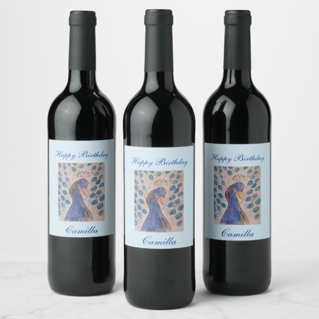 Peacock Blue Birthday  Wine Label (Bottles)