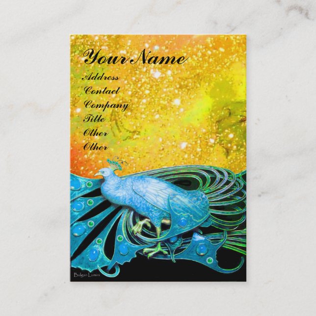 PEACOCK blue black yellow sparkle Business Card (Front)