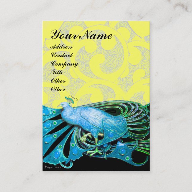 PEACOCK blue black yellow sparkles Business Card (Front)
