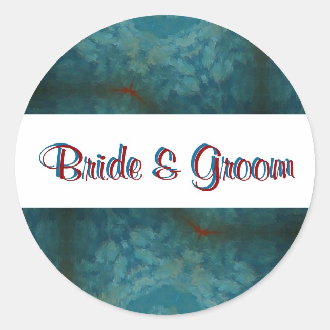 Peacock Blue "Bride and Groom" Classic Round Sticker (Front)