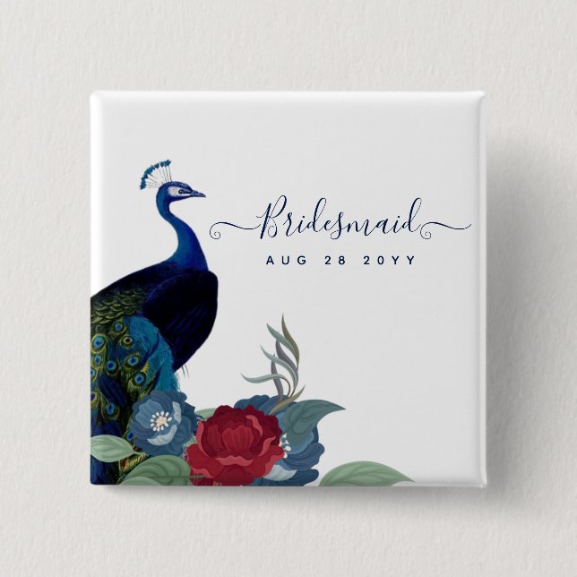 Peacock Blue Burgundy Winter Fall Wedding 15 Cm Square Badge (Front)