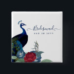 Peacock Blue Burgundy Winter Fall Wedding 15 Cm Square Badge<br><div class="desc">Beautiful Peacock with Teal and blue, burgundy flowers, sage green leaves feature on this fall, autumn, winter wedding items. Part of a larger collection that includes budget wedding invitations, save the dates, RSVPs, thank you photo cards, bridal and wedding party gifts, and more. For a detailed FREE winter wedding planning,...</div>