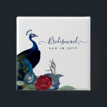 Peacock Blue Burgundy Winter Fall Wedding 15 Cm Square Badge<br><div class="desc">Beautiful Peacock with Teal and blue, burgundy flowers, sage green leaves feature on this fall, autumn, winter wedding items. Part of a larger collection that includes budget wedding invitations, save the dates, RSVPs, thank you photo cards, bridal and wedding party gifts, and more. For a detailed FREE winter wedding planning,...</div>