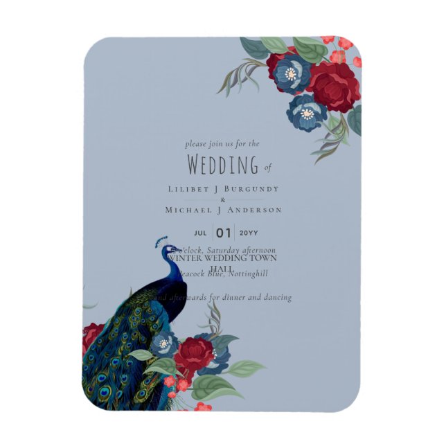 Peacock Blue Burgundy Winter Fall Wedding Budget Magnet (Vertical)