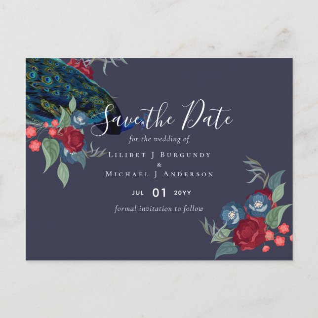 Peacock Blue Burgundy Winter Fall Wedding Budget Postcard (Front)