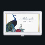 Peacock Blue Burgundy Winter Fall Wedding Business Card Holder<br><div class="desc">Beautiful Peacock with Teal and blue, burgundy flowers, sage green leaves feature on this fall, autumn, winter wedding items. Part of a larger collection that includes budget wedding invitations, save the dates, RSVPs, thank you photo cards, bridal and wedding party gifts, and more. For a detailed FREE winter wedding planning,...</div>