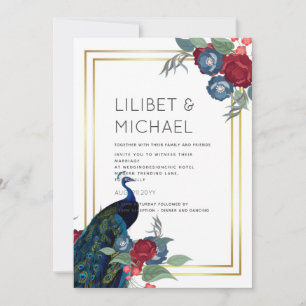Peacock Blue Burgundy Winter Fall Wedding Invitation
