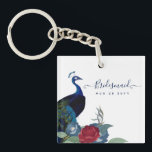 Peacock Blue Burgundy Winter Fall Wedding Key Ring<br><div class="desc">Beautiful Peacock with Teal and blue, burgundy flowers, sage green leaves feature on this fall, autumn, winter wedding items. Part of a larger collection that includes budget wedding invitations, save the dates, RSVPs, thank you photo cards, bridal and wedding party gifts, and more. For a detailed FREE winter wedding planning,...</div>