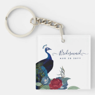 Peacock Blue Burgundy Winter Fall Wedding Key Ring
