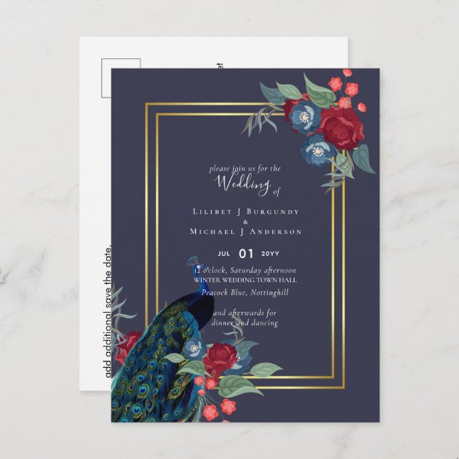 Peacock Blue Burgundy Winter Fall Wedding Postcard (Front/Back)