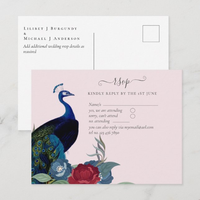 Peacock Blue Burgundy Winter Fall Wedding Postcard (Front/Back)