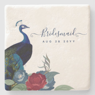Peacock Blue Burgundy Winter Fall Wedding Stone Coaster