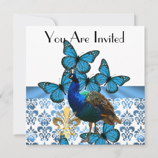 Peacock & blue butterflies invitation (Front)