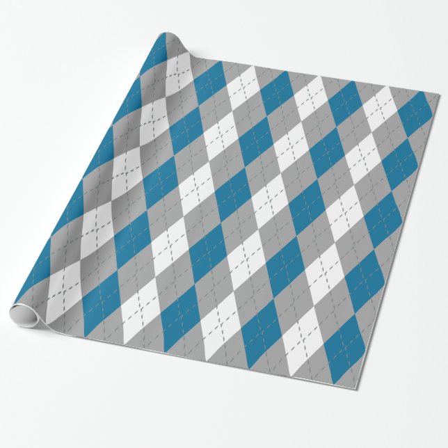 Peacock Blue Charcoal Dk Grey Wht XL Argyle Wrapping Paper (Unrolled)