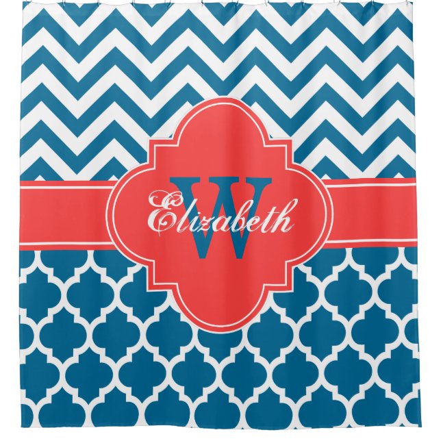 Peacock Blue Coral Red Moroccan #5 Chevron 1IQRN Shower Curtain (Front)