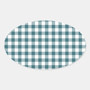 Peacock Blue (Dark Teal or Aqua) and White Gingham Oval Sticker