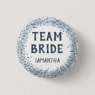 Peacock Blue Glitter Team Bride Name 3 Cm Round Badge