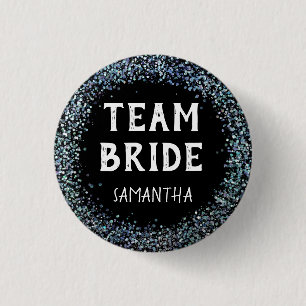 Peacock Blue Glitter Team Bride Name Black 3 Cm Round Badge