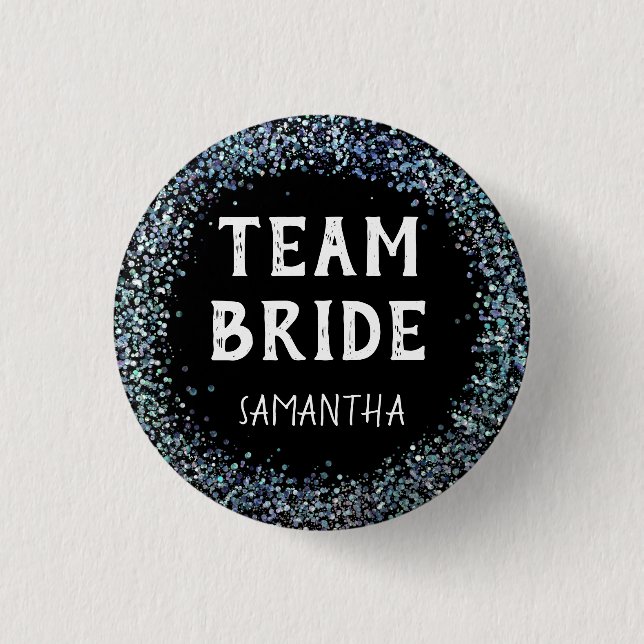 Peacock Blue Glitter Team Bride Name Black 3 Cm Round Badge (Front)