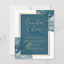 Peacock Blue Gold Alcohol INK Chic Wedding Invite