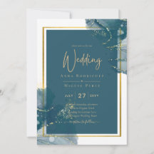 Peacock Blue Gold Alcohol INK Chic Wedding Invite