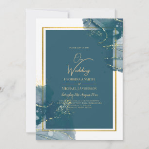 Peacock Blue Gold Alcohol INK Chic Wedding Invite