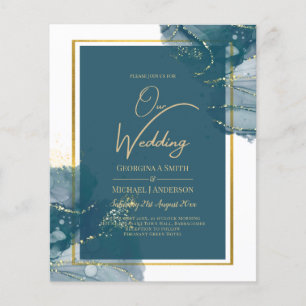Peacock Blue Gold Alcohol INK Chic Wedding Invite Flyer