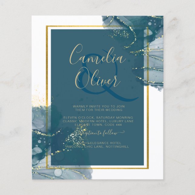 Peacock Blue Gold Alcohol INK Chic Wedding Invite Flyer (Front)