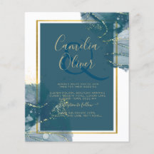 Peacock Blue Gold Alcohol INK Chic Wedding Invite