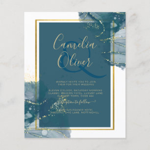 Peacock Blue Gold Alcohol INK Chic Wedding Invite Flyer