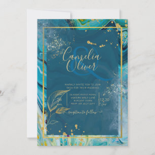 Peacock Blue Gold INK Abstract Wedding Invitation