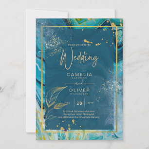 Peacock Blue Gold INK Abstract Wedding Invitation