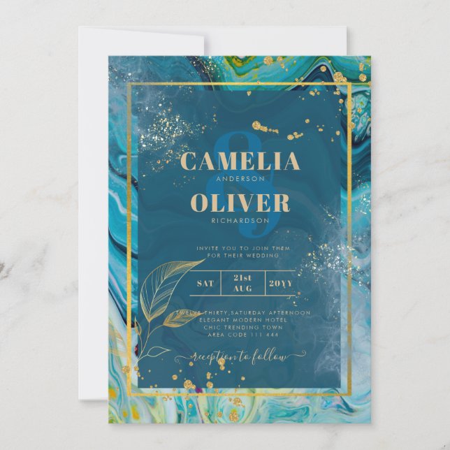Peacock Blue Gold INK Abstract Wedding  Invitation (Front)