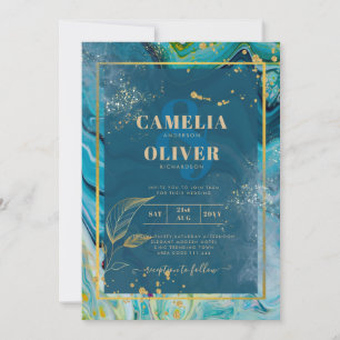 Peacock Blue Gold INK Abstract Wedding Invitation