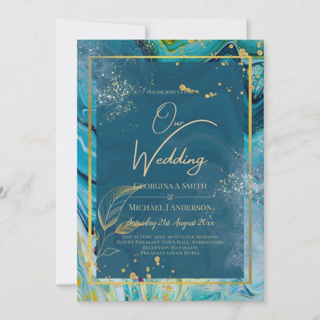 Peacock Blue Gold INK Abstract Wedding  Invitation (Front)