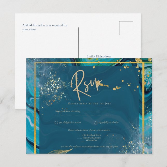 Peacock Blue Gold INK Abstract Wedding  Postcard (Front/Back)