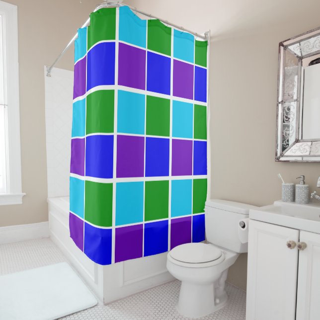 Peacock Blue, Green and Purple Squares Shower Curtain (In Situ)
