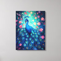 Peacock - Blue Green Aqua Feathers & Pink Flowers