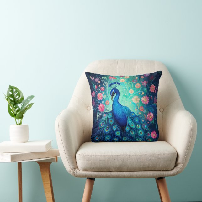 Peacock - Blue Green Aqua Feathers & Pink Flowers Cushion (Chair)