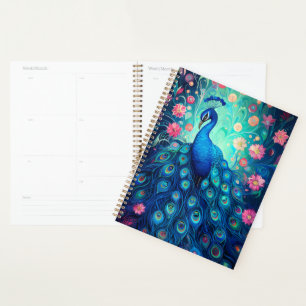 Peacock - Blue Green Aqua Feathers & Pink Flowers Planner