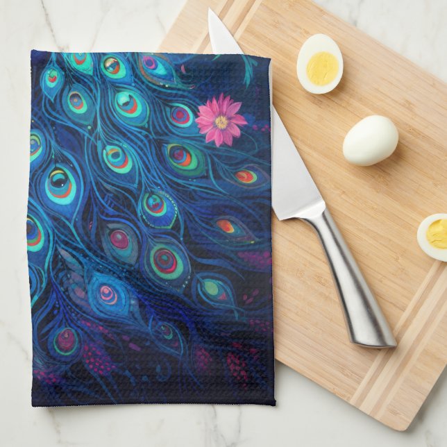 Peacock - Blue Green Aqua Feathers & Pink Flowers Tea Towel (Quarter Fold)