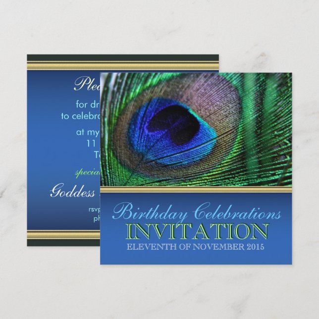 Peacock Blue+Green Feather Birthday Invitations (Front/Back)