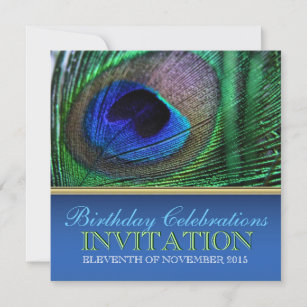 Peacock Blue+Green Feather Birthday Invitations