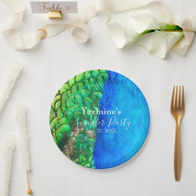 Peacock Blue Green Feather Texture Summer Vibes Paper Plate (Wedding)