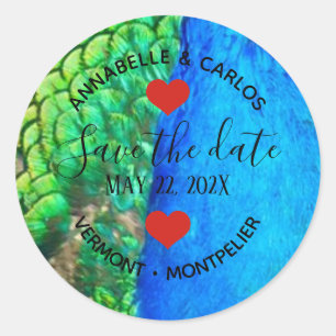 Peacock Blue Green Feather Texture Summer Wedding Classic Round Sticker