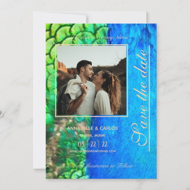 Peacock Blue Green Feather Texture Summer Wedding Invitation (Front)